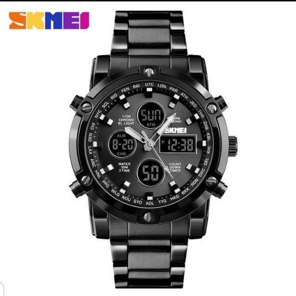 JAM TANGAN PRIA RANTAI SKMEI DUAL TIME TYPE 1389/JAM TANGAN PRIA STAINLESSTEEL/SKMEI 1389/SKMEI 1389 Jam Tangan Pria Digital Analog Tali Stenlis