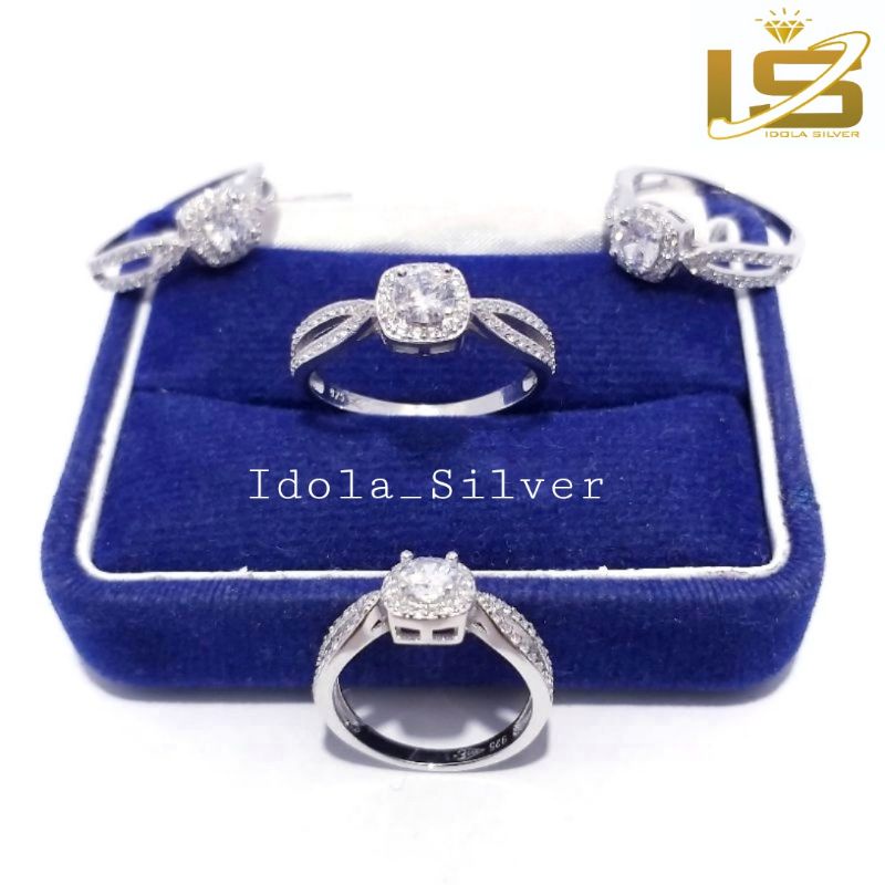 CINCIN PERAK ASLI SILVER WANITA 925 LAPIS EMAS PUTIH MODEL KOTAK 1 PERMATA+SAMPING - PERHIASAN PERAK WANITA ASLI