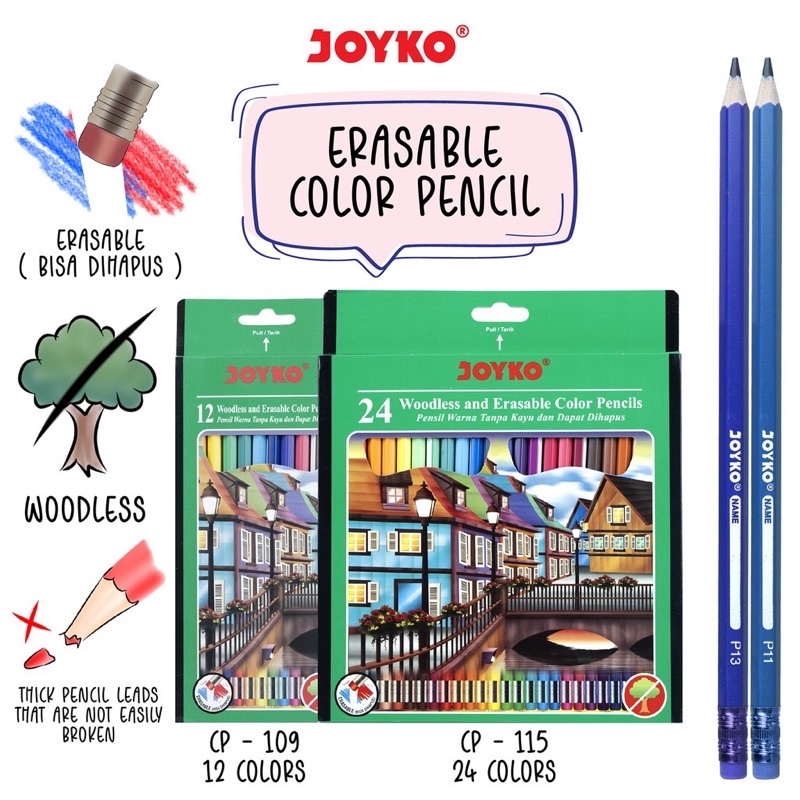 

JOYKO PENSIL WARNA DAPAT DIHAPUS BUKAN KAYU WOODLESS ERASABLE COLOR PENCILS 12 WARNA 24 WARNA