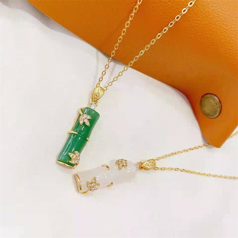 Kalung Liontin Bambu Giok Hetian Alami Lapis Emas 18K Untuk Wanita