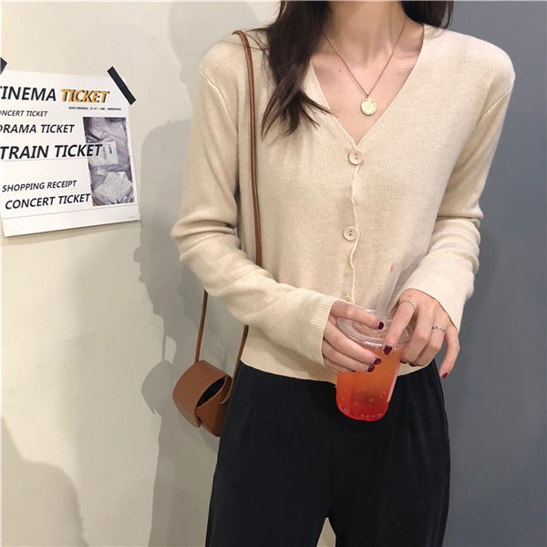 Korean style Sweater wanita rajut Baju atasan wanita lengan panjang Cardigan crop