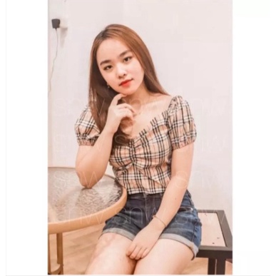 Crop Top Atasan Wanita Blouse Calia BB Motif Kotak