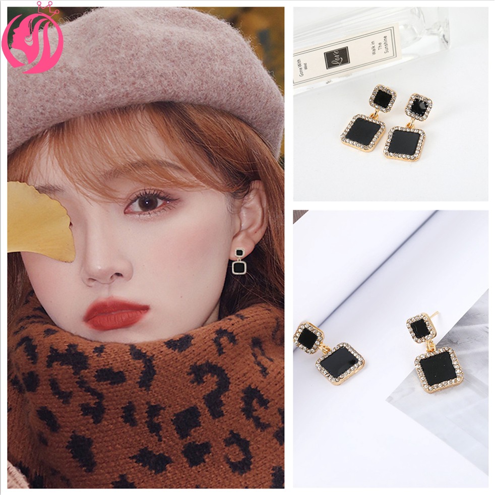 ANTING CUTIE Anting Giwang Elegan Gaya Korea dengan Berlian Imitasi Warna Hitam untuk Wanita
