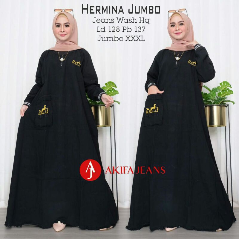 gamis jeans hermina jumbo ld 128 warna hitam saku depan aktif