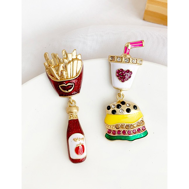 LRC Anting Tusuk Fashion Color Alloy Rhinestone Burger Fries Cola Asymmetric Earrings D45510