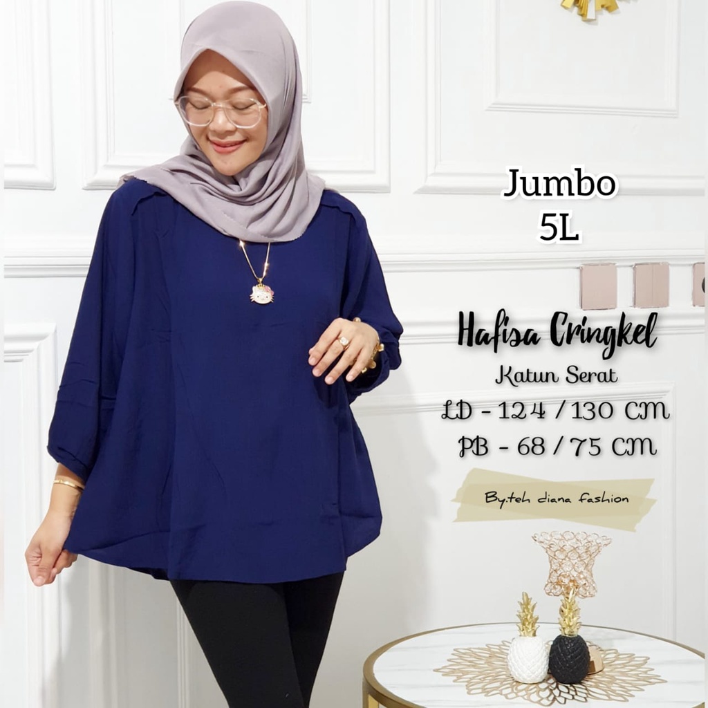 Atasan Wanita Jumbo / Baju Atasan Wanita Jumbo / Blouse Wanita Jumbo Import Hafisa Crinkle Polos Import Ld 124-Navy PREMIUM