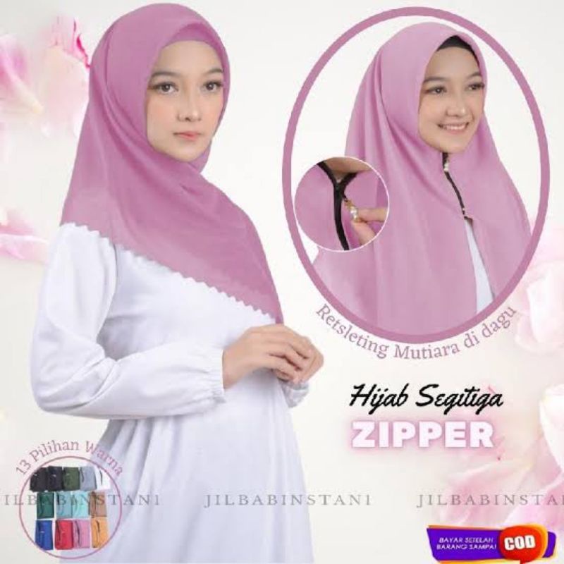 kerudung zipper polos , kerudung segitiga instan