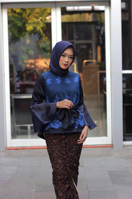 Blouse Hijab Tulle Bordir Wanita Biru Dongker M L XL XXL