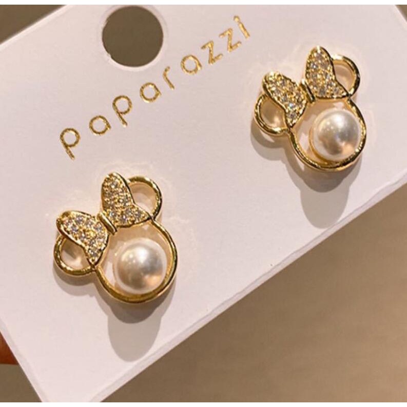 S925 jarum mikro bertatahkan mutiara bow tikus kecil anting-anting Internet celebrity fashion anting