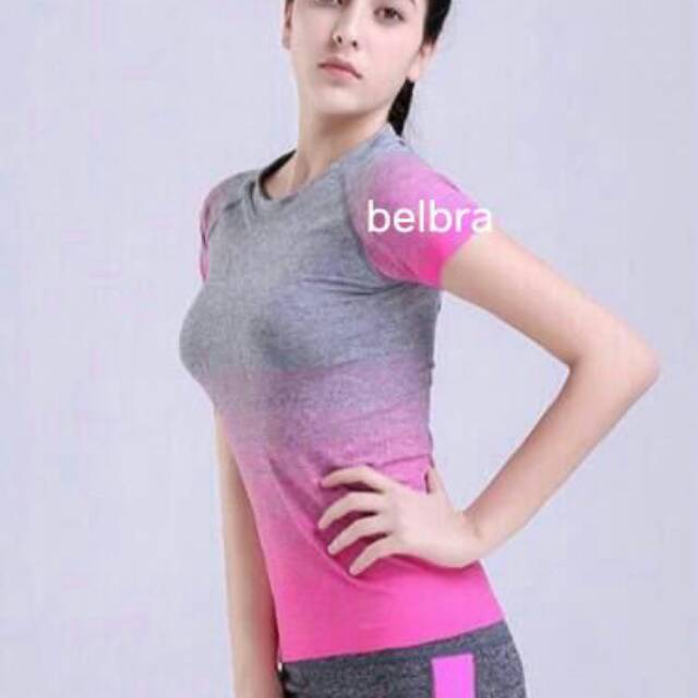 [Hanya Kaos] Kaos Olahraga Wanita Sport Salur Tangan Pendek TM18 / Baju Olahraga Cewek Import Quality Sport Tshirt Wanita Kaos Senam Atasan Olahraga