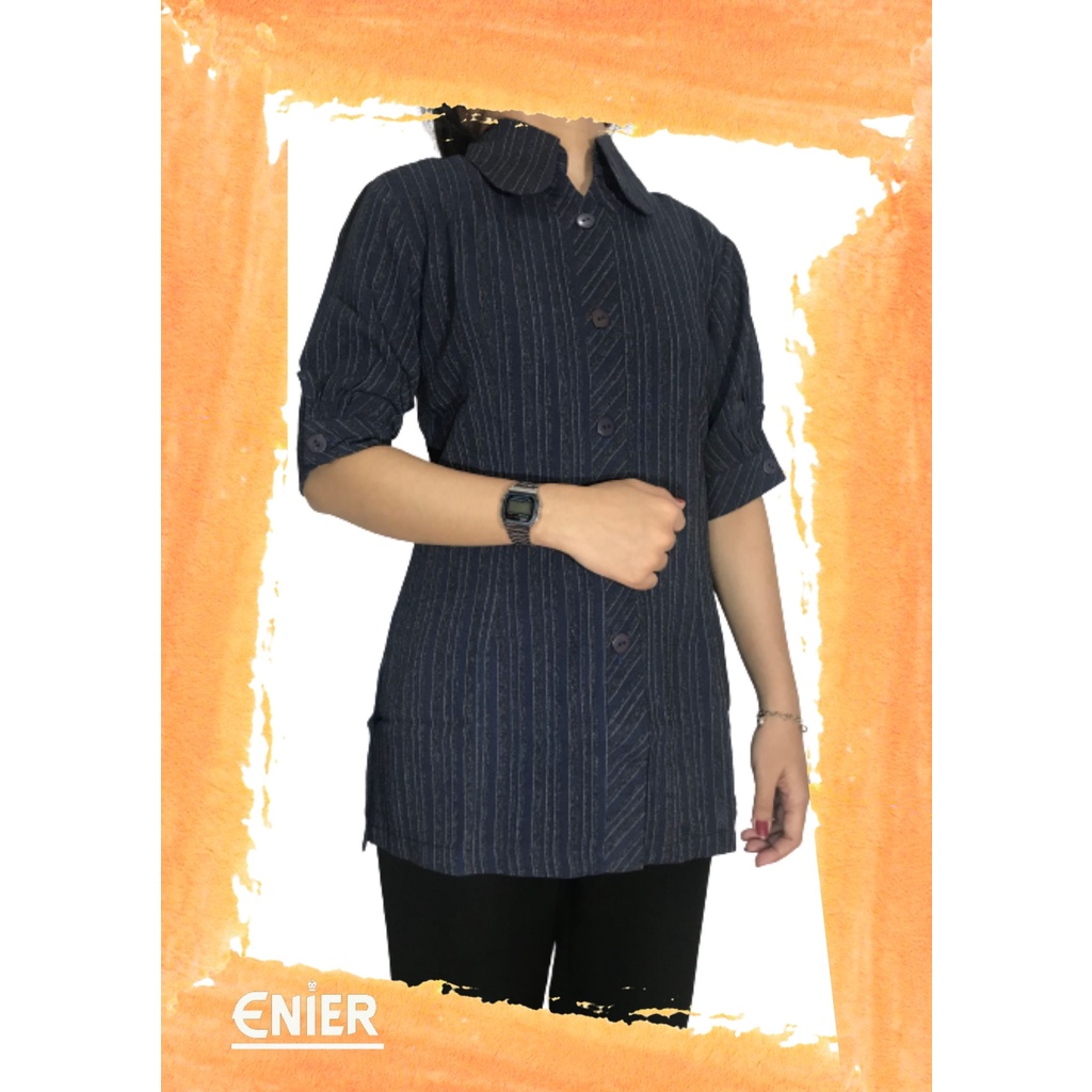 Kemeja Wanita Cewek Casual Lengan Pendek Model Longgar Motif  Garis Warna Hitam -10