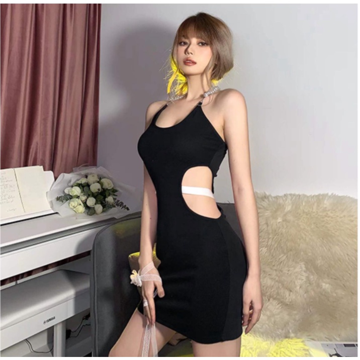 【AMY J】Pearl Necklace Street Fashion Trend Design  Tight-Fitting Mini Dress 7034