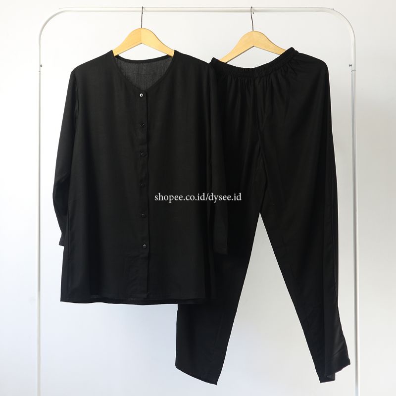 (PIYAMA POLOS) PIYAMA RAYON PAJAMAS RAYON SET BAJU WANITA VIRAL ELEGAN MURAH-HITAM