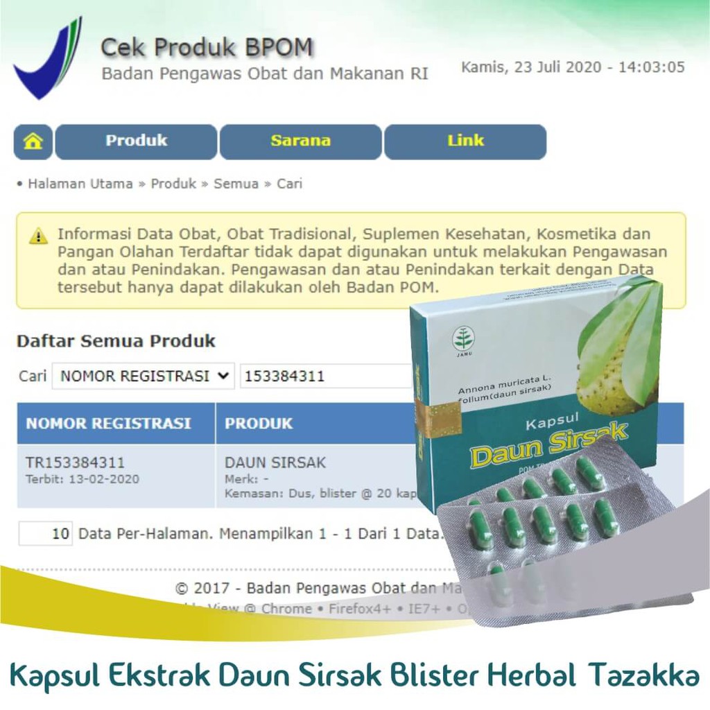 Obat Kanker Tumor Darah Tinggi Ekstrak Daun Sirsak Herbal Tazakka Original 20 Kapsul Blister.