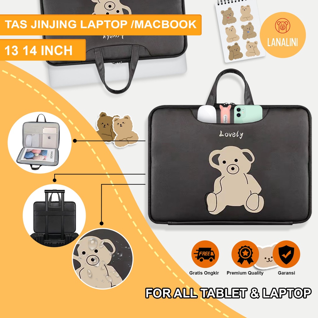 Sleeve Pouch Sarung Tas Bag Case Ipad Tab Tablet Macbook Air Pro Laptop Asus Acer Lenovo HP Huawei 11 12 13 14 15 inch Motif Gambar Beruang Bear Lovely Warna Hitam Black Cute Murah Korean Model Jinjing Tali Strap