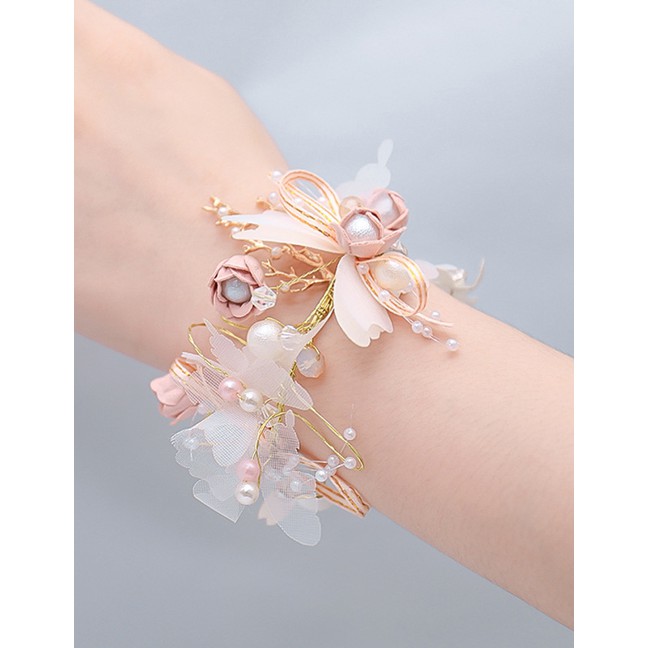 LRC Gelantg Tangan Fashion Pink Handmade Flower Butterfly Pearl Diamond Bracelet K96341