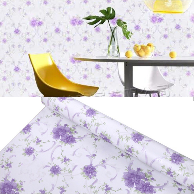 Grosir murah wallpaper sticker dinding motif bunga ungu putih