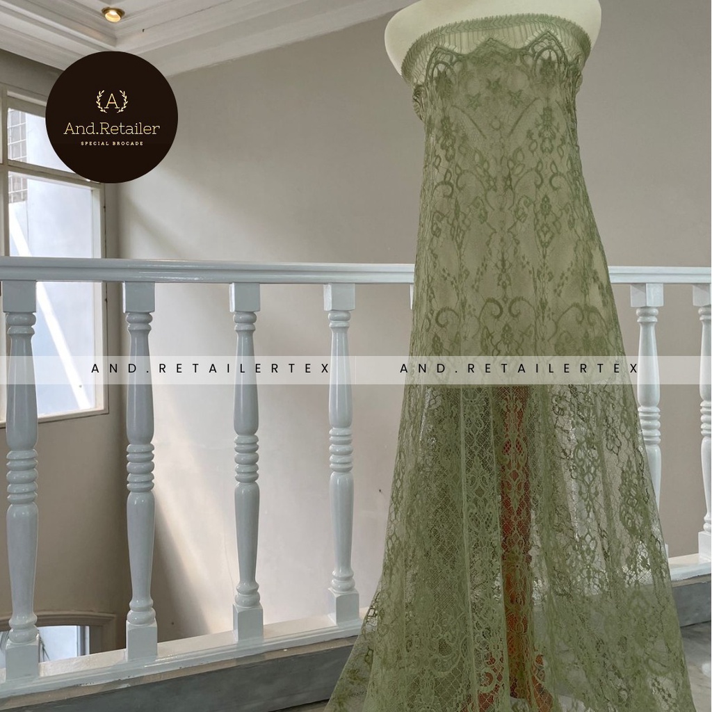 Bahan Kebaya Brokat Semi France Lace Chantily Shantily Katun Per panel 2,5m Warna Matcha Green tea