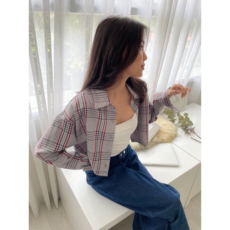 Kadaka O-0169 Plaid Crop Korean Shirt Kemeja Wanita