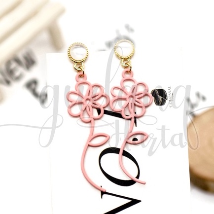 Anting Stud Wanita Panjang Pink Flower Earring Motif Bunga GH 203783