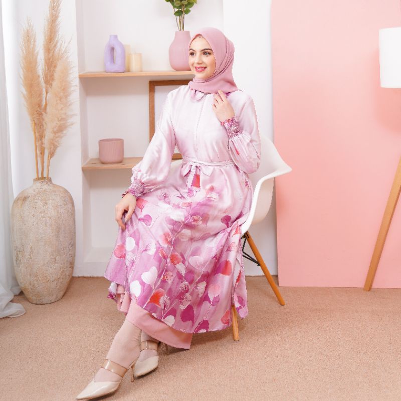 Tunik Midi Dress Silk Printing Tiara (Lavender Pink)