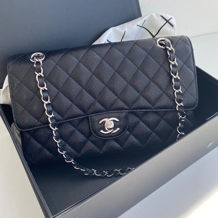 Tas Chanel ORI Classic 25 Bag Double FlapCaviar Hitam Silver HW Original Kulit ASLI LENGKAP BOX BISA