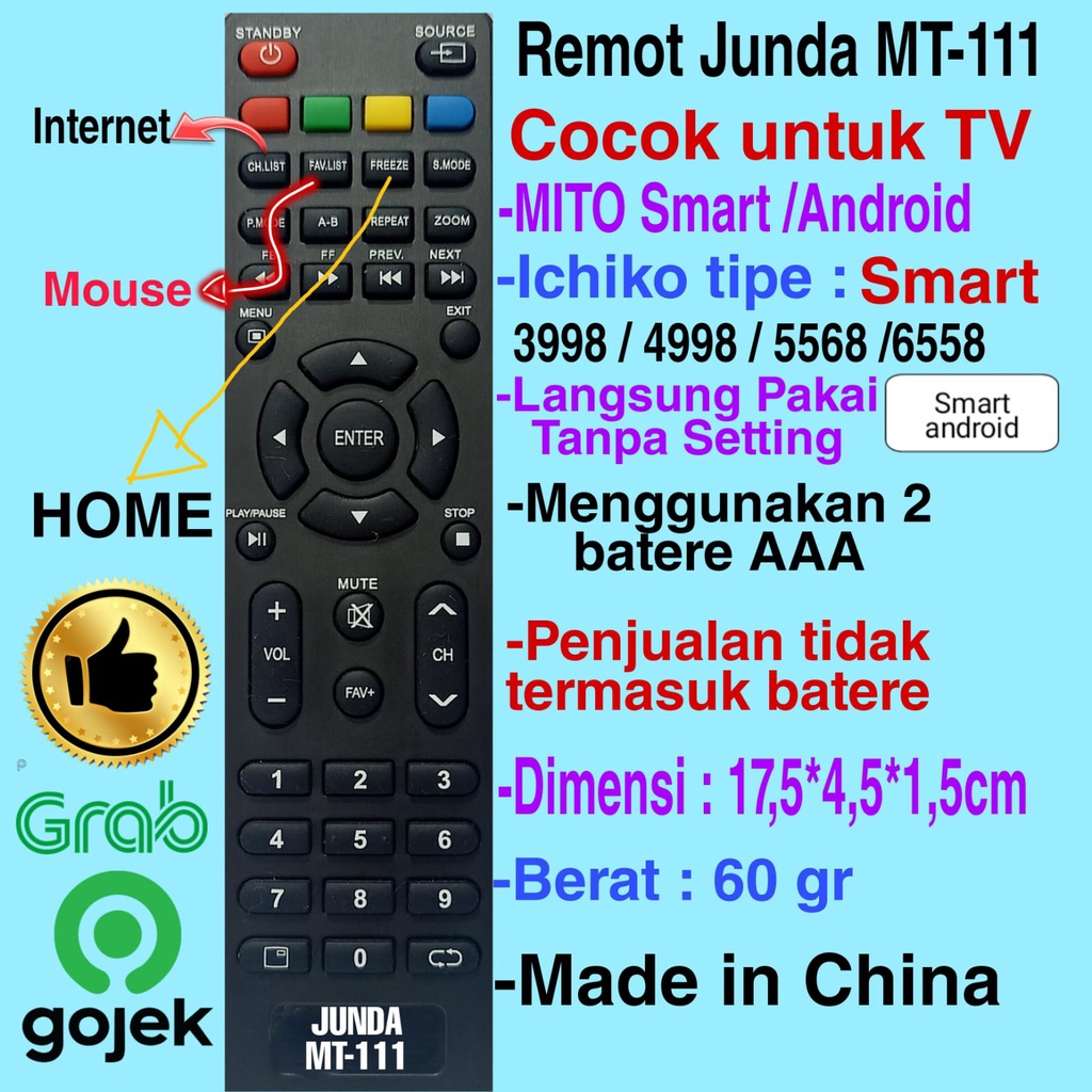 REMOTE UNIVERSAL LED ICHIKO  REMOTE SMART TV ICHIK0 JUNDA 1701 / 1702 / 1703 / MT-111 REMOTE LED TV CINA