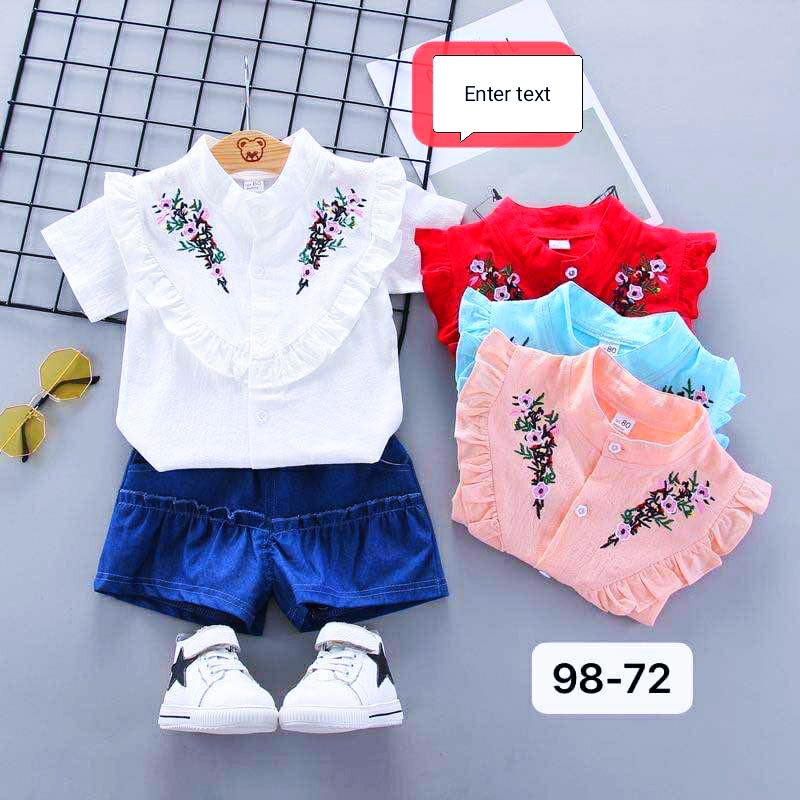 1-5TAHUN SETELAN ANAK PEREMPUAN KEMEJA CELANA PENDEK JEANS SETELAN KEMEJA ANAK CEWEK IMPORT MOTIF BUNGA / SETELAN ANAK CEWEK IMPORT JEANS