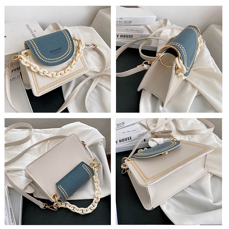 TAS SELEMPANG IMPORT WANITA MEWAH PESTA KOREA TA153W1 MEIN SLING BAG KULIT PUTIH BIRU RANTAI ABG ORI