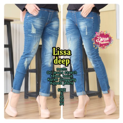 Lissa jeans sobek tidak tembus bahan melar pinggang karet [TNTI]