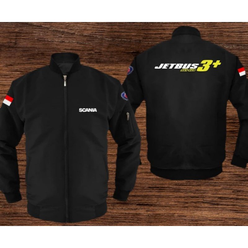 JAKET BOMBER JETBUS 3 SCANIA SAMPING OPTICRUISE TRANSMISSION BUS BIS MANIA Pakaian Pria Hitam Size M