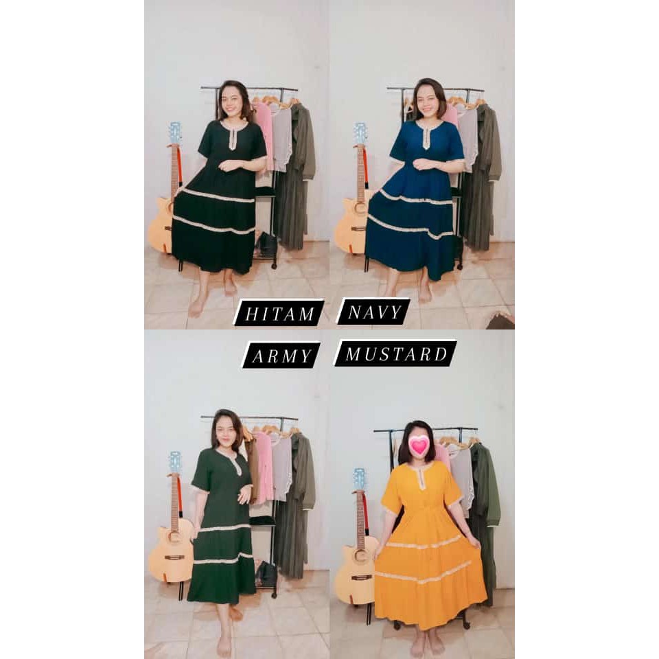 Dress Andin Daster Katun Rayon Model Canda Dengan Tali Serut Depan dan Renda