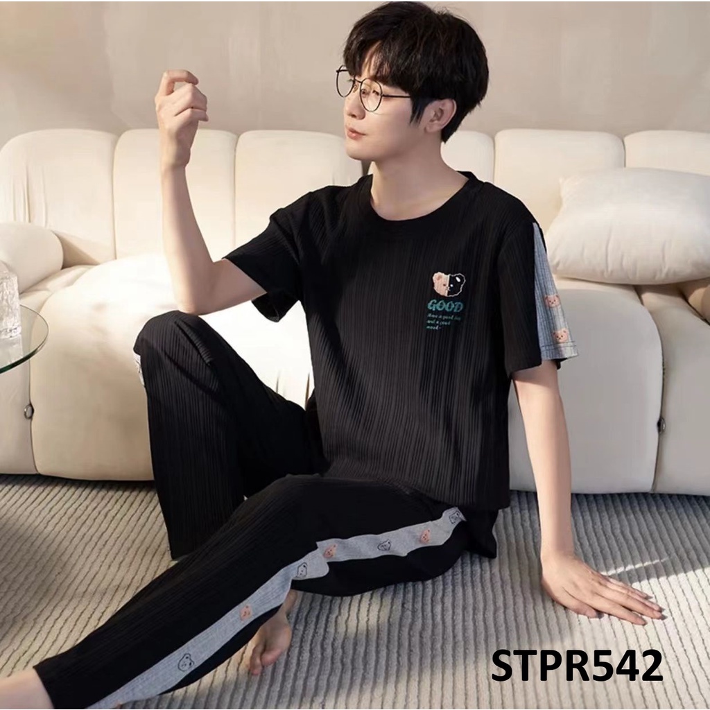 Piyama Pria Baju Tidur Pria Lengan Pendek Celana Panjang Stripe Polos