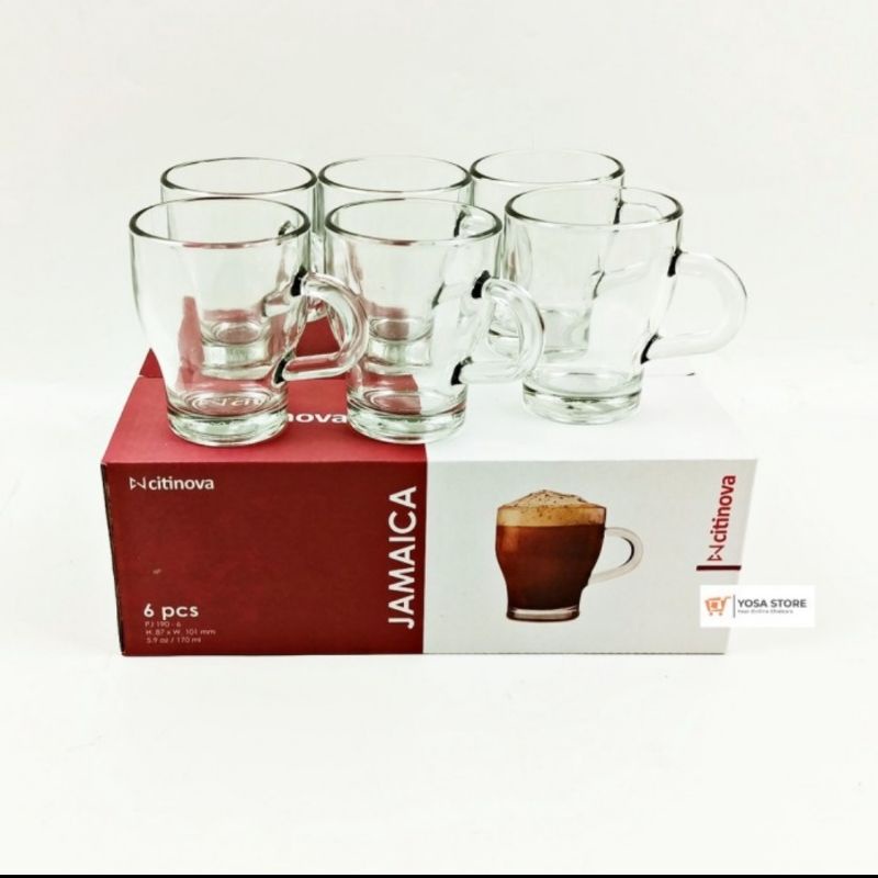 1 SET ISI 6 GELAS CITINOVA GELAS KACA JAMAICA GELAS COFFE GELAS KOPI GELAS GAGANG CANGKIR KOPI UNIK 