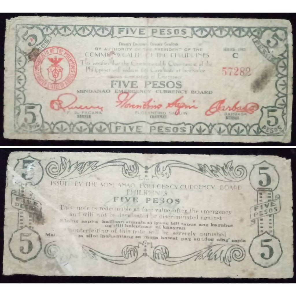 Uang Kuno Daerah Pilipina/ Philippines/ Filipina 5 Peso 1943
