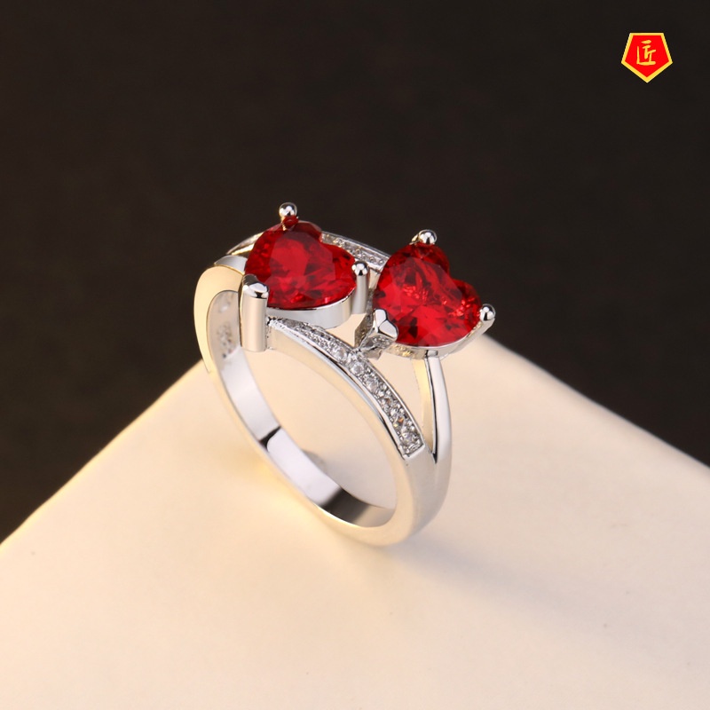 [Ready Stock]Popular Double Love Heart-Shaped Colored Gems Ring S925 Silver