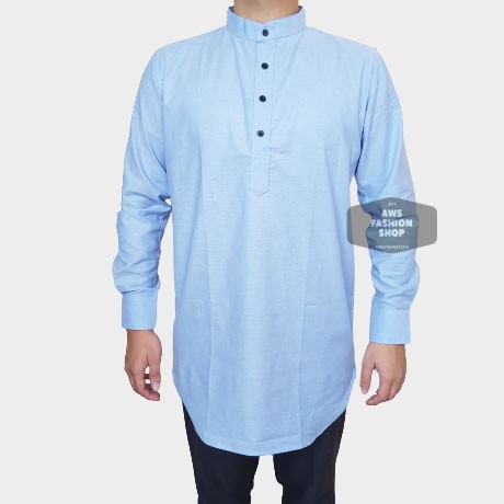 Kemeja Kurta Lengan Panjang Pria Ready Big Size Jumbo Biru Muda Oxford