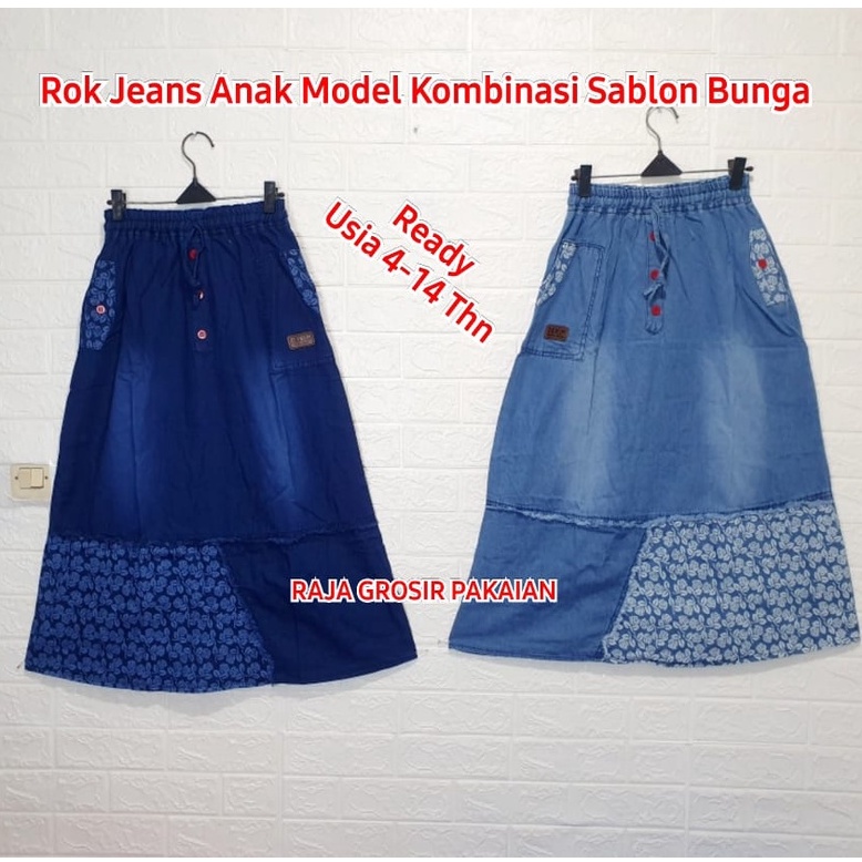 Rok Jeans  Anak Kombinasi Sablon Bunga Usia 4-14 Tahun / Rok Jeans Anak Premium