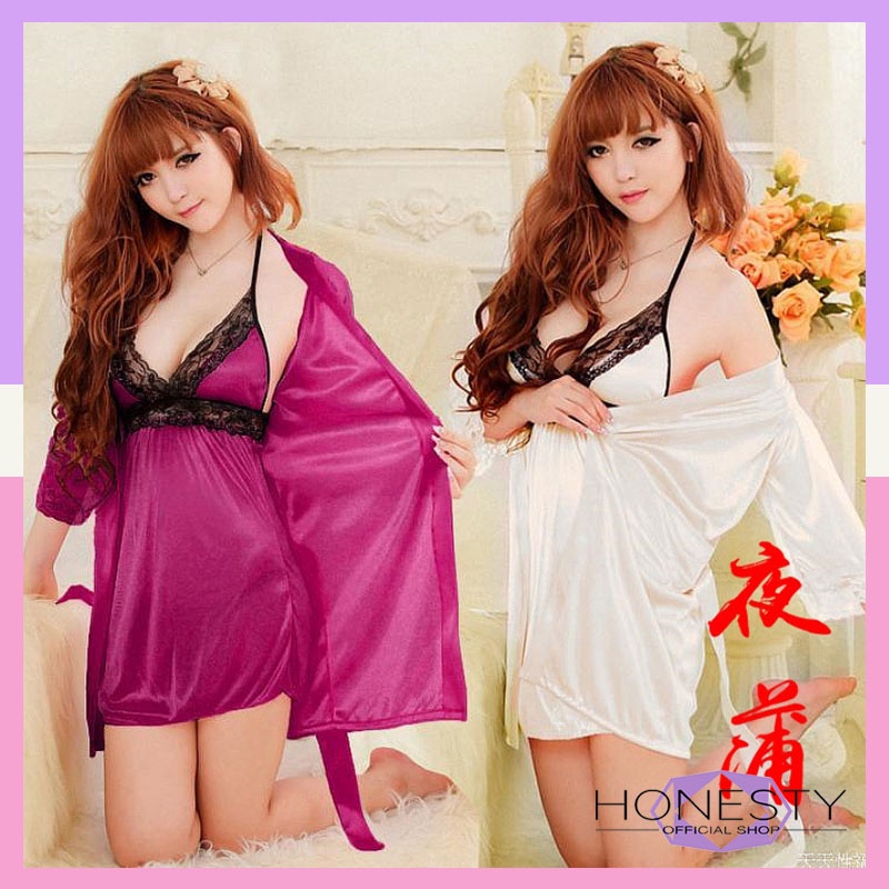 Honesty-129 Set Lingerie Sexy Bahan Satin Tanpa Lengan Baju Tidur Wanita