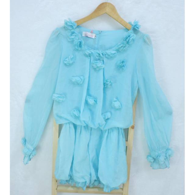 Jumpsuit bunga biru lengan panjang