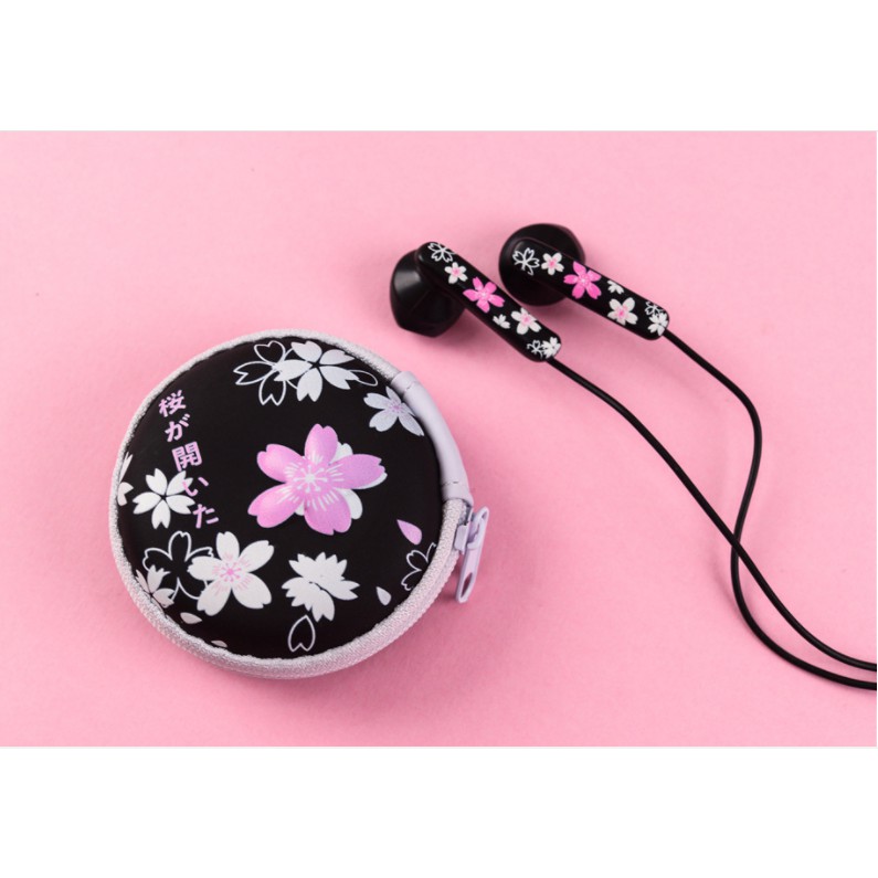 [E-183] Headset Earphone Motif SAKURA Dompet Bulat / Wadah Earphone Bulat Motif Sakura Elegan Simple