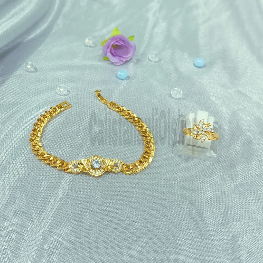 SET DEWASA BUNGA BERJURI ZIRCON PERHIASAN EMAS  KOREA ANTI KARAT DAN ANTI LUNTUR