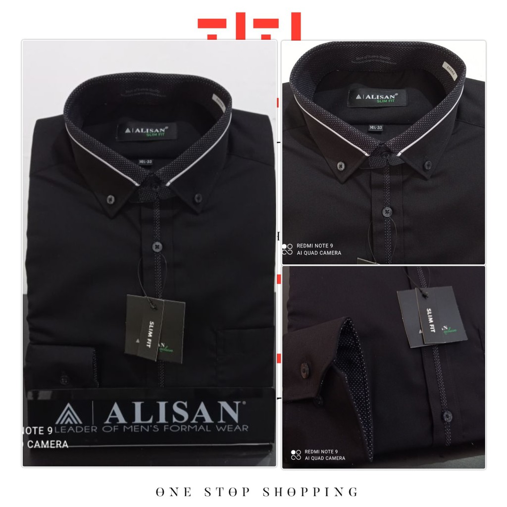 Kemeja Pria Lengan Panjang ALISAN Spesial Kerah Motif Polkadot HITAM SLIMFIT