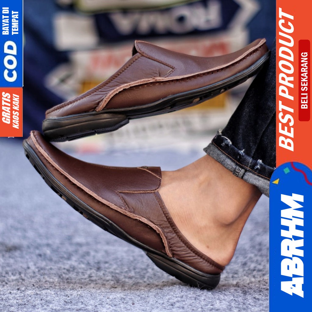 ABRHM x Sandal Slide Pria Sandal Slop Pria Kulit Asli Sendal Selop Cowok / Cowo Ori Keren Kekinian