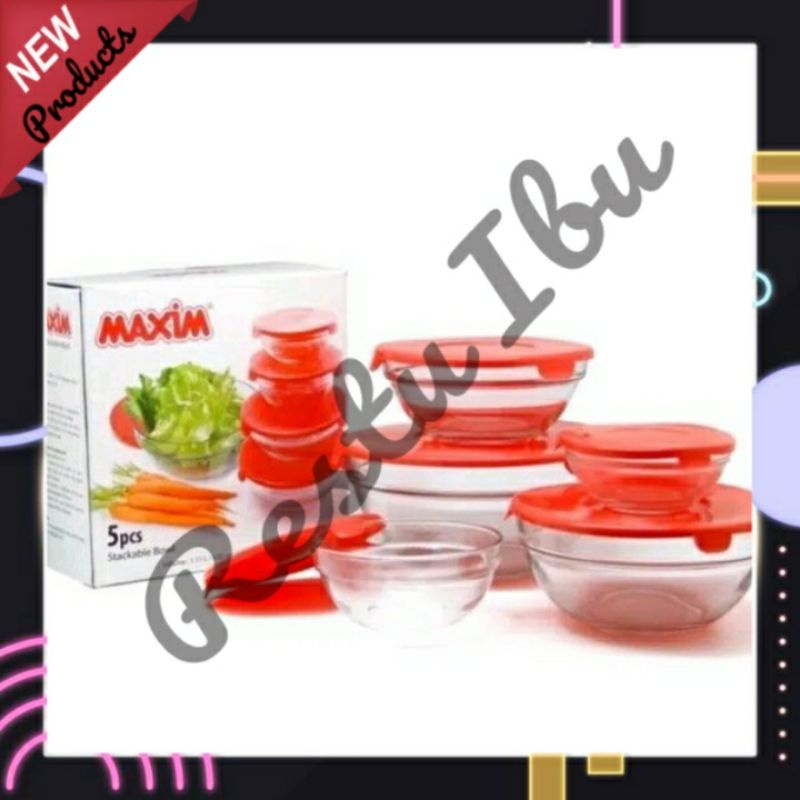 Glassware maxim Set Susun 5 Bowl Cover Lid Bulat Mangkuk Toples Kaca Tutup Plastik 10 pcs