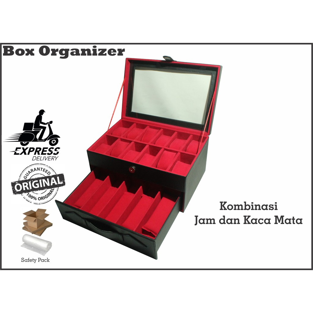 Watch Box Mix Glasses Organizer | Box Jam Tangan Kombinasi Tempat Kacamata - Hitam Merah