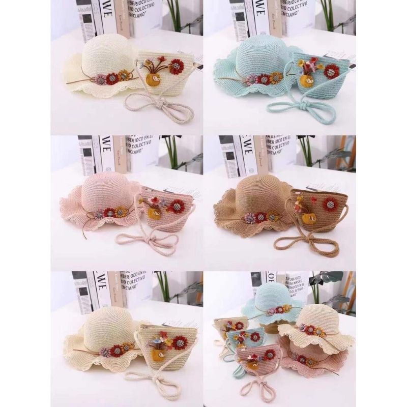 Topi anak set tas bunga / topi pantai anak  set tas / topi pantai anak dengan tas / topi anak set ta
