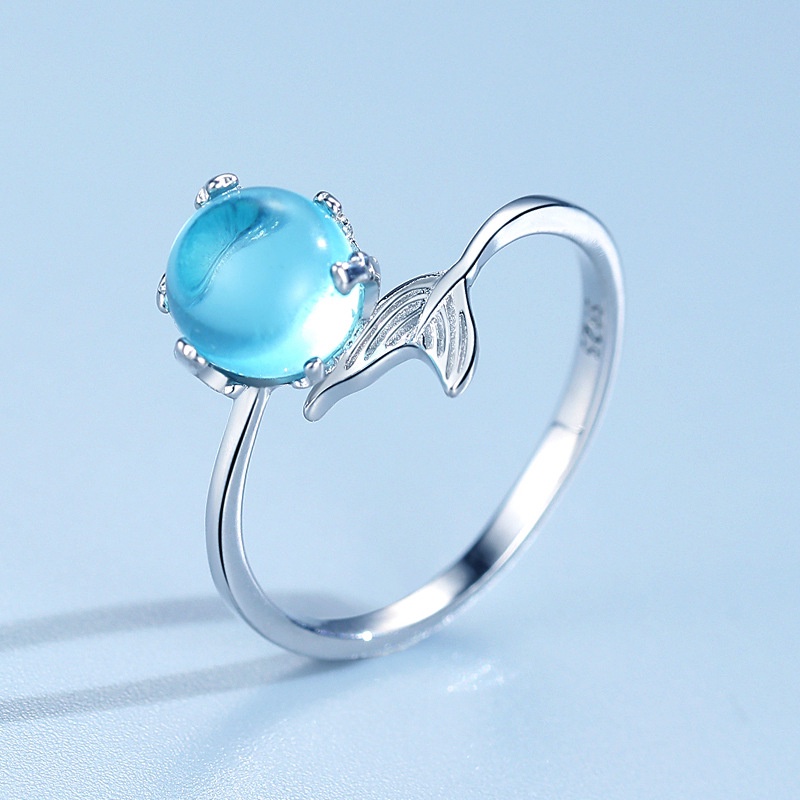 Cincin Model Terbuka Dapat Disesuaikan Desain Ekor Ikan Duyung Aksen Batu Permata Biru Kristal Gaya Retro Untuk Wanita