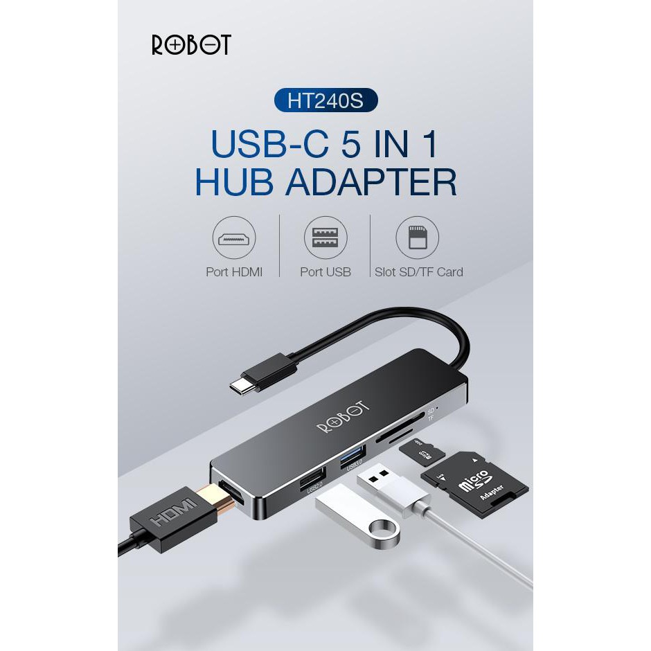 ROBOT H240S USB C HUB 5 in 1 Type-C Adapter with 4K HDMI USB3.0 USB2.0 SD TF Card Reader Hub Adapter