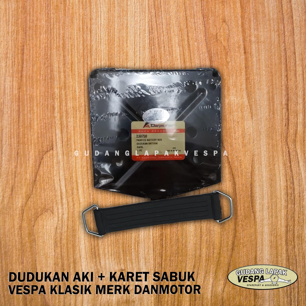 Dudukan Aki Vespa - Karet Sabuk Aki Vespa - Plat Dudukan Aki Vespa Merek Danmotor - Tempat Aki Vespa
